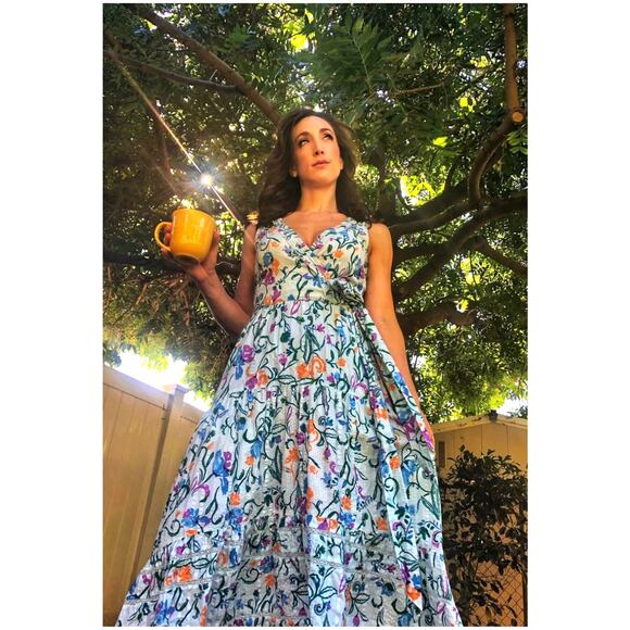 TANYA TAYLOR Women's Neves White Floral Wrap Tie Waist V-Neckline Dress Size 14 - Picture 2 of 16